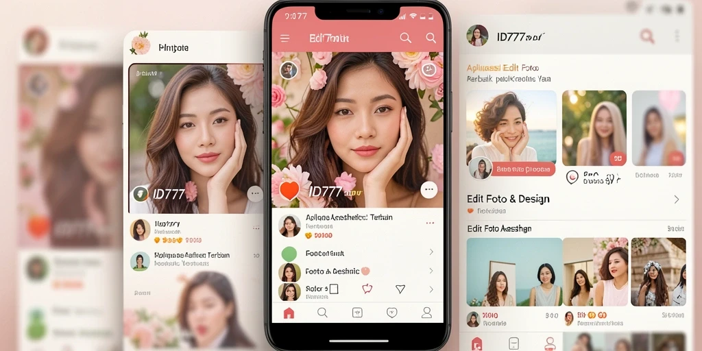 Screenshot antarmuka aplikasi ID777 dengan berbagai fitur Edit Foto Aesthetic.